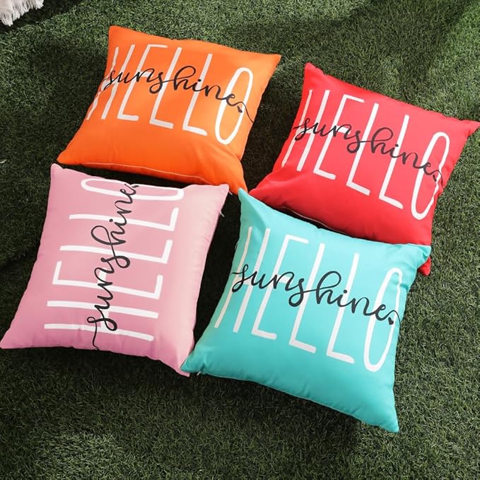 DFXSZ Outdoor Pillow Covers 16x16 Inch Set of 2 Hello Sunshine Decor Pink Waterproof Throw Pillow Covers Summer Outdoor Waterproof Pillow Covers Decor for Patio Funiture Garden Sofa Couch 020F16