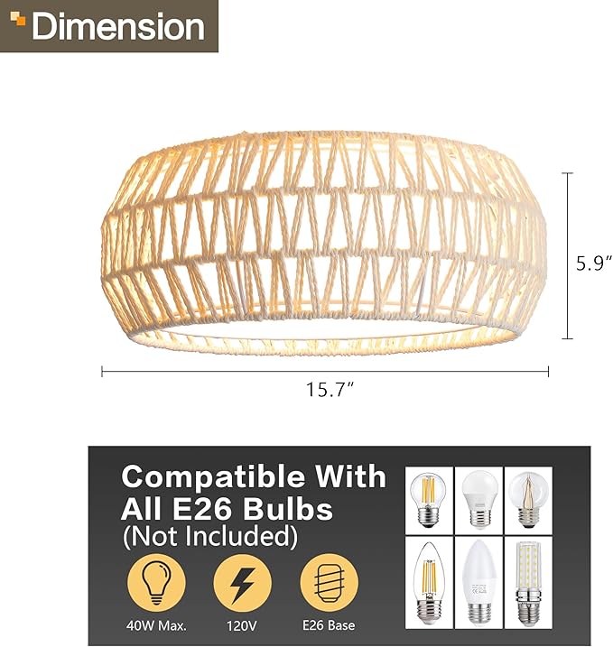 WINGBO 15.7" Modern 3-Light Flush Mount Ceiling Light Fixture with Fabric & Acrylic Double Drum Shade for Bedroom Living Room Dining Room Hallway Entryway, White