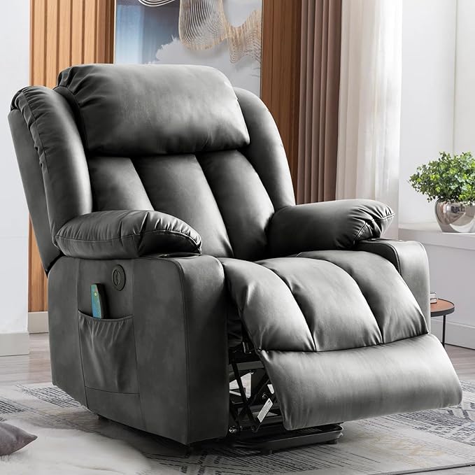Power Lift Recliner Chair for Elderly, Electric Recliner Chairs for Adults with Massage and Heat, Cup Holders, Remote Control, USB Ports, Side Pockets, Leather (Aluminum Gray)