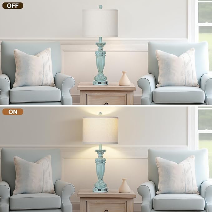 27.5" Farmhouse Resin Table Lamps Set of 2 for Living Room 3-Way Dimmable Table Lamp with USB C+A Ports,Light Blue Desk Lamps,Traditional Bedside Lamps Use for Bedroom Nightstand (Blue)