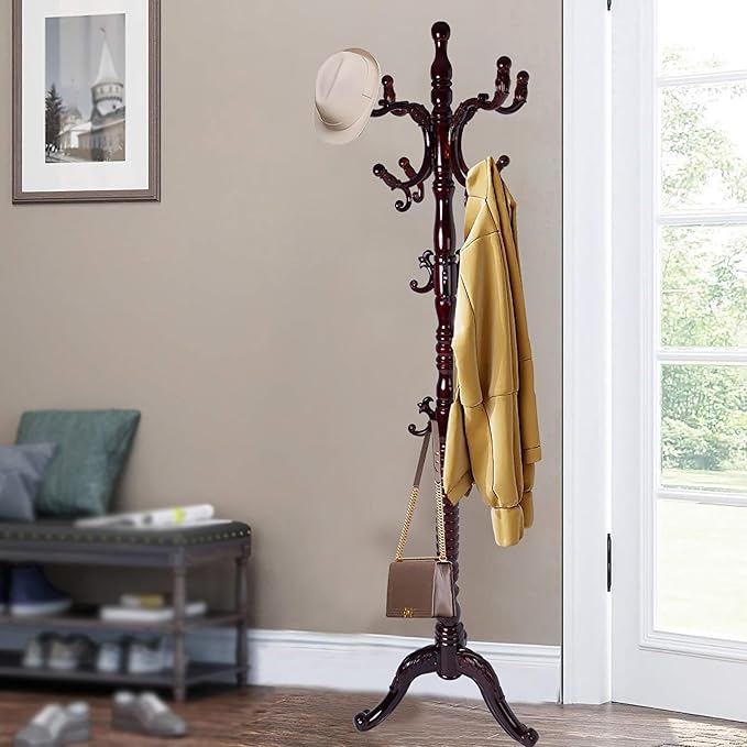 73" Wooden Coat Rack Stand,Coat Racks Freestanding With 14 Hooks And Solid Round Base Heavy Duty Adjustable Height Hall Tree Coat Rack for Entryway Hallway Foyer Office Bedroomf (3-Legged Redwood)