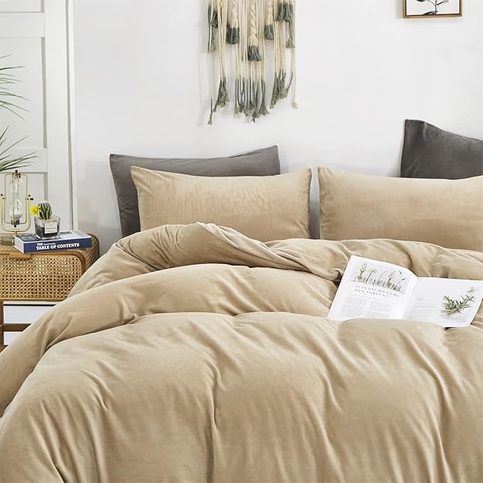 Luxlovery Cream Coffee Velvet Comforter Set Full Light Khaki Flannel Bedding Comforter Set Minimalist Bedding Set Heavyweight Blanket Quilts Modern Breathable Taupe Color Winter Comforter Set