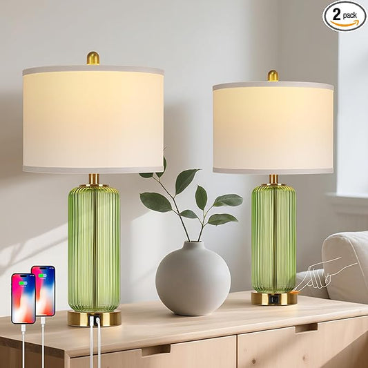 Table Lamps Set of 2 with Touch Control, 3-Way Dimmable Nightstand Lamp with Vertical Grained Glass, 27" Modern Glass Bedside Lamps with USB A+C Ports, Green Bedside Table Lamps, Desk Lamp for Bedroom