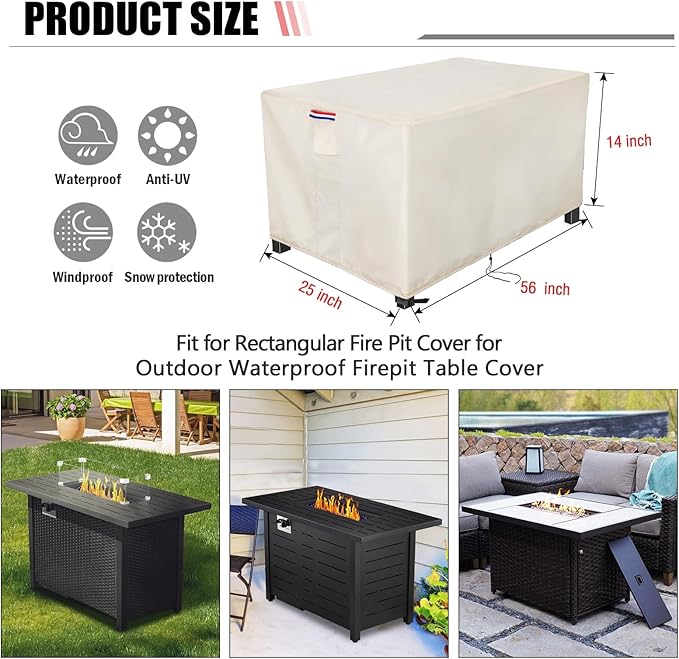 Youlvy Fire Pit Cover Rectangular 56 Inch - Waterproof Outdoor Fire Table Cover Rectangle Heavy Duty, 600D Patio Propane Gas Firepit Cover Rectangular Tear Weather Resistant - 56 x 25 x 14 Inch Beige
