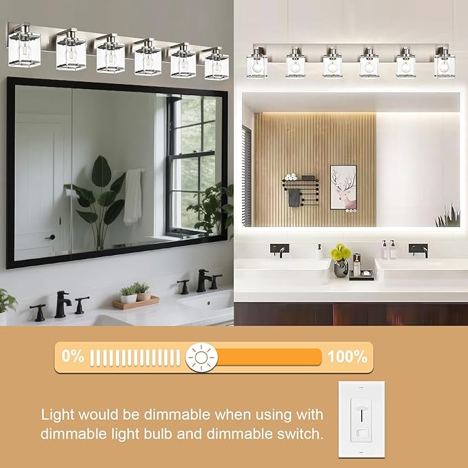 6-Lights Brushed Nickel Bathroom Light Fixture Over Mirror, Modern Wall Sconce with Clear Glass Shades, E26 Bulb Base Vanity Lighting for Over Mirror Kitchen