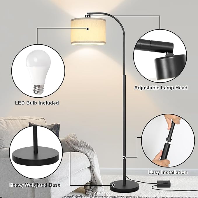 Boncoo Modern Floor Lamp for Living Room, Arc Floor Lamp with Adjustable Hanging Shade, Black Light with Pedal Switch for Bedroom Study Room, 9W 3000K LED Bulb Included