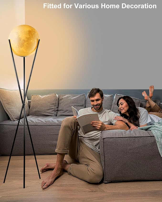 Lightdot 66" Globe Moon Floor Lamp for Living Room Modern Black Tripod Floor Lamp with 3D Printing Frosted Shade E26 300K Bulbs Included Mid Century Tall Pole Lamp for Bedroom Office