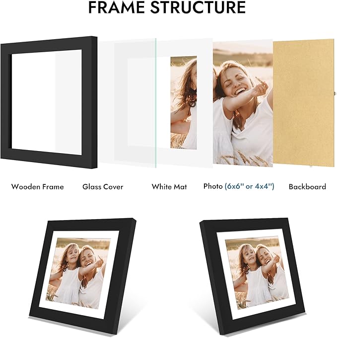 6x6 Picture Frame with Glass, Display Pictures 4x4 with Mat or 6 x 6 without Mat - Wall and Tabletop, 6 by 6 Photo Wooden Frames (Black, 1 Pack)