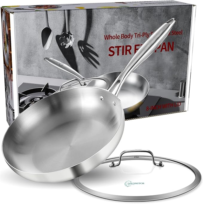 LOLYKITCH 8.5 Inch Tri-ply Stainless Steel Frying Pan with Lid,Skillet,Induction Cooking Pan,Dishwasher and Oven Safe,Riveted Handle