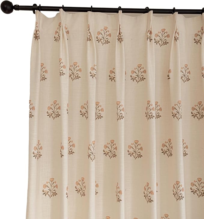 Linen Blend Pinch Pleated Curtains for Living Room, Bedroom, Dining Room - Light Filtering Curtains 2 Panels Set - Luxury and Modern Floral Printed Design - Beige White, 30" W x 84" L
