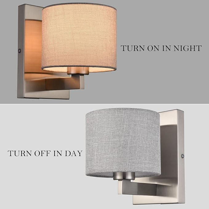 SAMTEEN Brushed Nickel Wall Sconces Set of Two Modern Fabric Shade Wall Lamp Drum Wall Sconce for Bedroom Hallway Living Room Bathroom