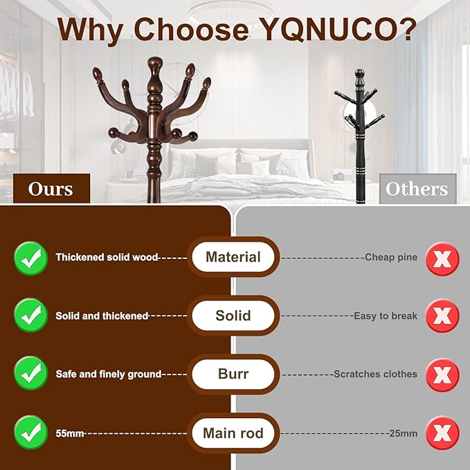 Solid Wood Coat Rack – 74.8" Freestanding Coat Racks Stand with 11 Hooks & Stable Base, Adjustable Height Modern Wooden Hall Tree for Entryway, Bedroom, Office, Home (Walnut Triangle)