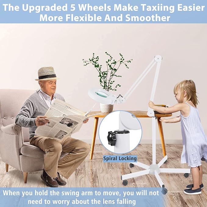 Magnifying Floor Lamp with 5 Wheels Rolling Base for Estheticians - 1,500 Lumens LED Dimmable Light with Magnifying Glass, 8-diopter Lighted Magnifier for Reading, Crafts, Sewing, Close Work(5X)