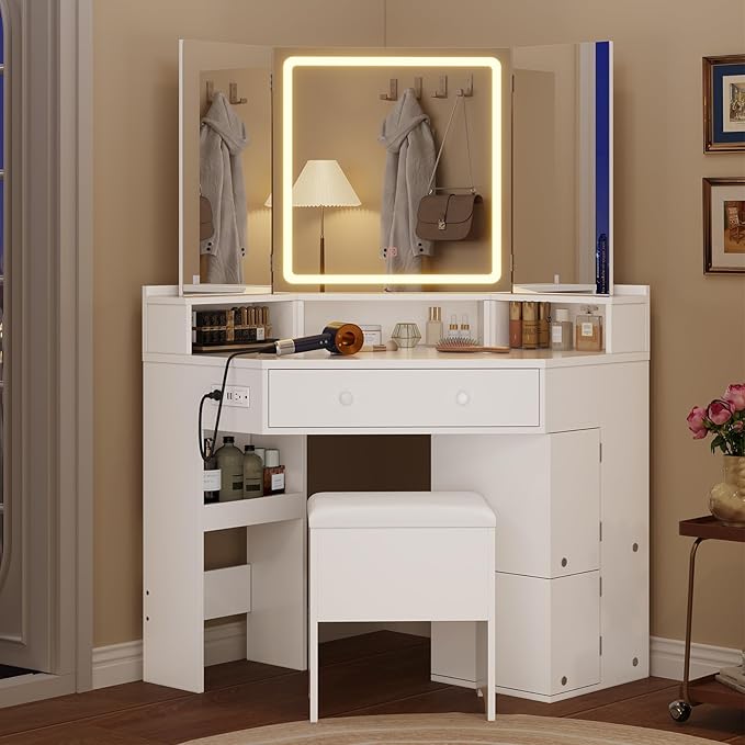 Vanity Desk with Tri-Fold Mirror and Lights, Storage Stool, Corner Makeup Vanities with Drawers & Power Outlet, 3 Light Settings, Dimmable for Bedroom, Women Girls, White