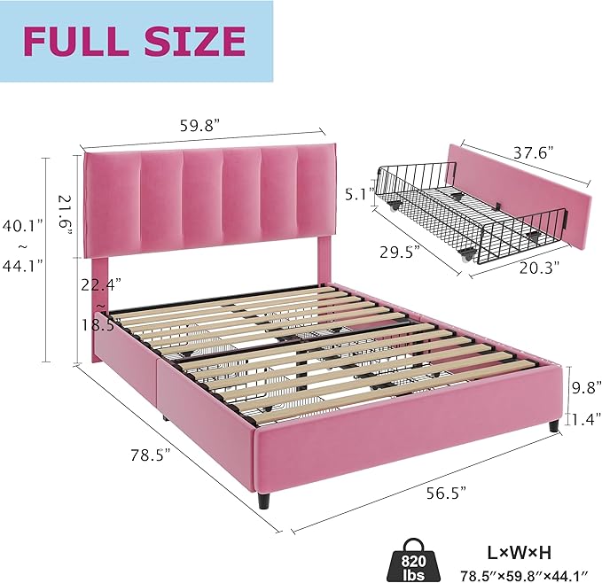 VECELO Full Upholstered Bed Frame with 4 Storage Drawers and Adjustable Velvet Headboard, Heavy-Duty Platform bedframe, No Box Spring Needed, Pink
