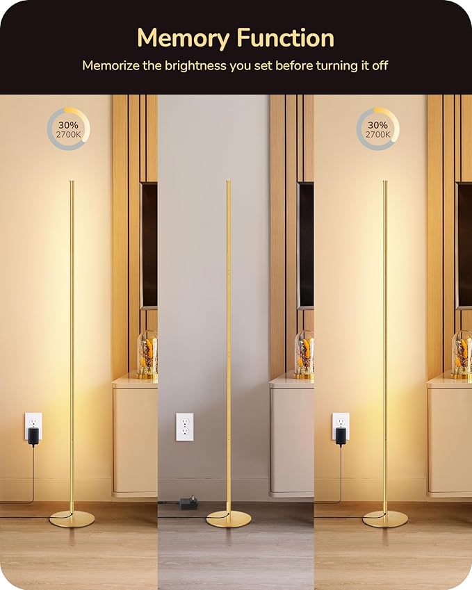EDISHINE LED Corner Floor Lamp, Dimmable Standing Light with Remote, 7 Color Temperature 2700K-6000K, 57.5" Modern Floor Lamp for Bedroom, Living Room, Office, Gold