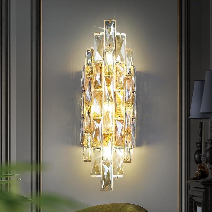 Modern Crystal Wall Sconces,Gold Wall Light Fixtures, Luxury Indoor Wall Lamp,Crystal Vanity Wall Mount Lamps,Wall Lighting for Living Room Bedroom Bathroom Bedside Hallway Stairway