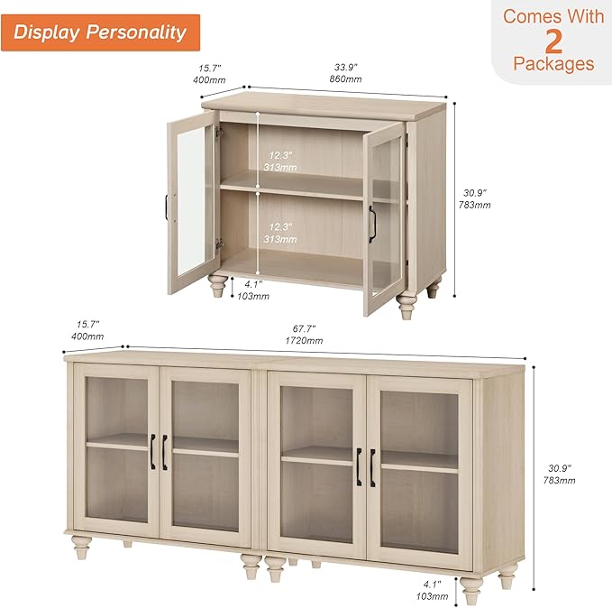 WAMPAT Farmhouse TV Stand for 75 inch TV with 4 Glass Doors, Wood Universal TV Stand with 4 Storage Cabinets, Beige Entertainment Center TV Console Table for Living Room, Bedroom