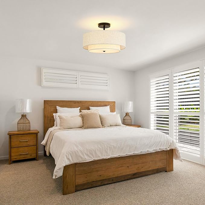 16" Semi Flush Mount Ceiling Light, 3-Light Drum Ceiling Light Fixture with 2-Tier Fabric Linen Shade, Farmhouse Chandelier for Dining Room, Living Room, Bedroom, Kitchen, Hallway, Entryway