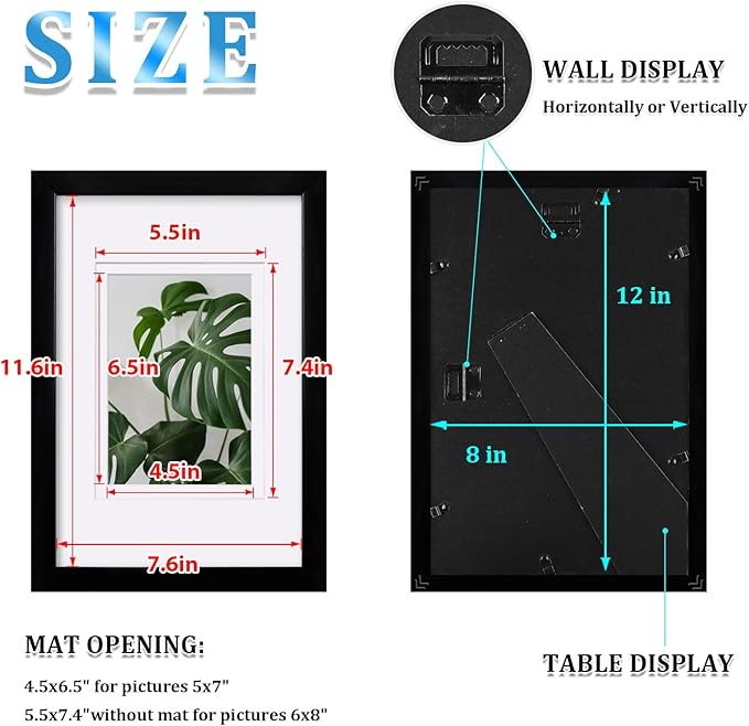 Egofine 8x12 Picture Frame Black Covered by Plexiglass Made of Solid Wood, Display Pictures 5x7/6x8 with Mat or 8x12 Without Mat for Table Top and Wall Mounting