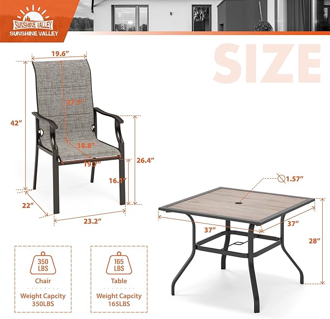 5 Pieces Patio Dining Sets for 4 Person, Outdoor Table and Chairs Set with Wood-Like Patio Dining Table(1.57" Hole) & 4 Textilene Patio Dining Chairs, Outdoor Dining Sets for Deck