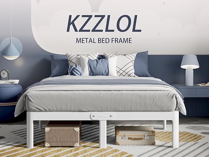 White Bed Frame Queen Size 16 Inch, Metal Queen Bed Frame No Box Spring Needed, Heavy Duty Steel Support 3500 LBS, DIY Headboard, Noiseless, Round Corner Legs, Storage Space, Easy Assembly