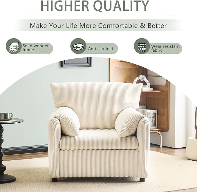 Corduroy Single Sofa Chair Modern Upholstered Accent Chair for Reading Comfy Living Room Chairs with Side Pocket Oversized Armchair for Bedroom, Office(Beige)
