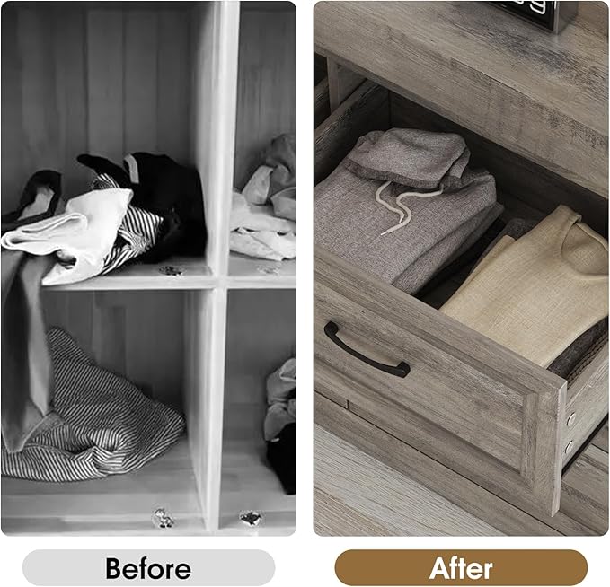 Fameill Dresser for Bedroom, 6 Drawer Wide Dresser Organizer with Charging Station, Tall Dresser for Hallway, Wood Dresser with Metal Handles, Ash Grey