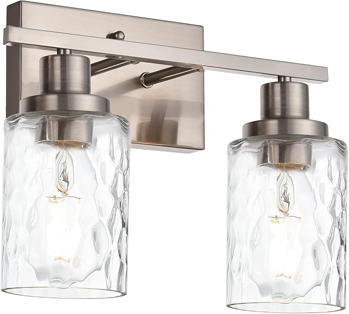 MELUCEE Indoor Wall Sconces Brushed Nickel with Clear Hammered Glass, 2-Light Modern Bathroom Vanity Light Wall Mount Lamp for Mirror Cabinets Powder Room Dressing Table (Patent No.: US D963914 S)