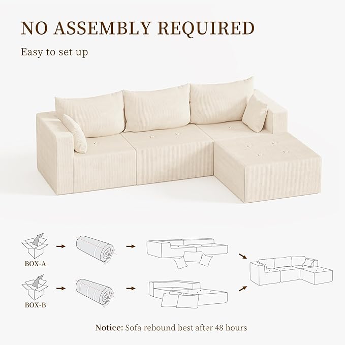 105" Cloud Sectional Sofa, L-Shape Sectional Couch, Modern Corduroy Sofa with Chaise Lounge, No-Assembly Required, Deep Seat Modular Cloud Couch for Living Room, Apartment, Beige