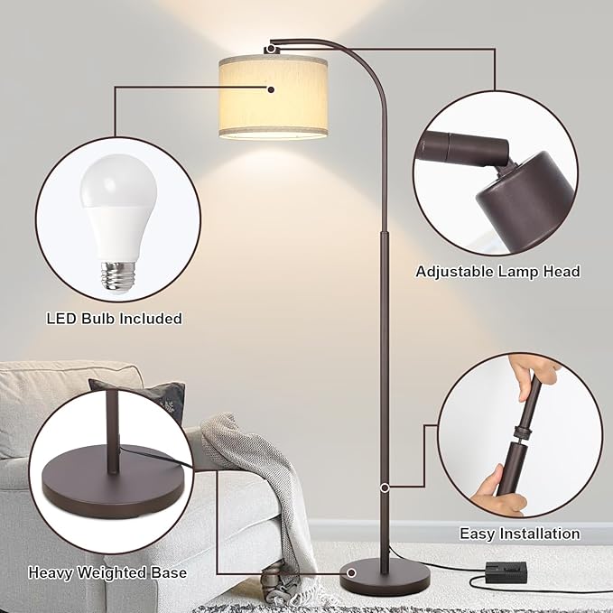 Boncoo Dimmable Floor Lamp, Standing Lamp with Stepless Dimmer, Brown Floor Lamp with Adjustable Linen Beige Shade for Living Room Study Room Office, 9W 3000K Bulb Included