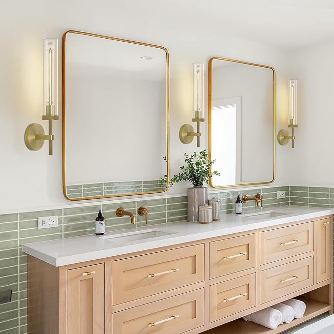 Modern Brass Wall Sconces, Glass Tube Sconces, Gold Bathroom Vanity Light Fixtures, Indoor Wall Sconces for Living Room Bedroom Hallway Kitchen Bathroom Mirror(Including Bulb)