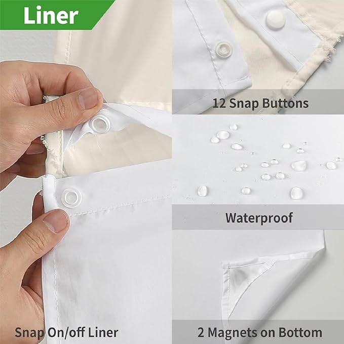 stall no Hook Tufted Shower Curtain with snap in Liner Set, White Waterproof Fabric Inner Liner,Boho Style Shower Curtain with See Through top Window, Cream, 36Wx74H