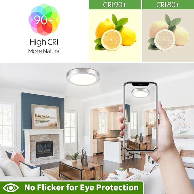 Flush Mount Ceiling Light Fixture, 7 Inch LED Modern Kitchen Light, Metal and Glass, Slim Dimmable Brushed Nickel Ceiling Light for Low Ceiling, 17W, 3000K, 2 Pack