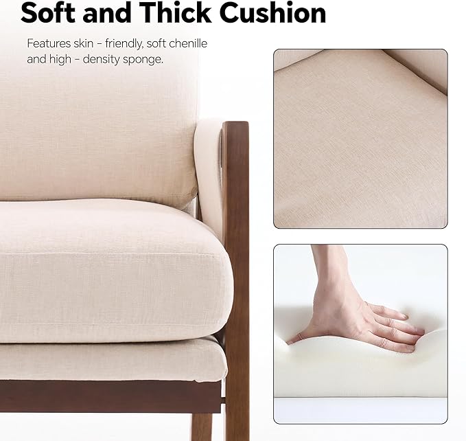 Mid Century Modern Accent Chair with Wood Frame, Upholstered Living Room Chairs with Wide Armrest, Chenille Fabric Comfy Arm Chair for Bedroom, Reading Room, Balcony, Beige
