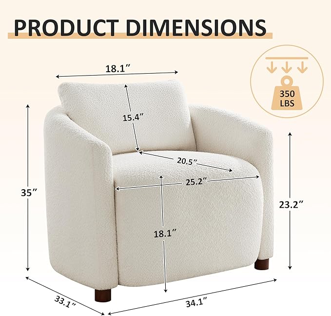 Boucle Accent Barrel Chair, Cloud Reading Chair for Living Room & Bedroom, Furry Sherpa Armchair with Cozy Soft Throw Pillow Back, Comfy Upholstered Lounge Chair, Modern Single Sofa Chair