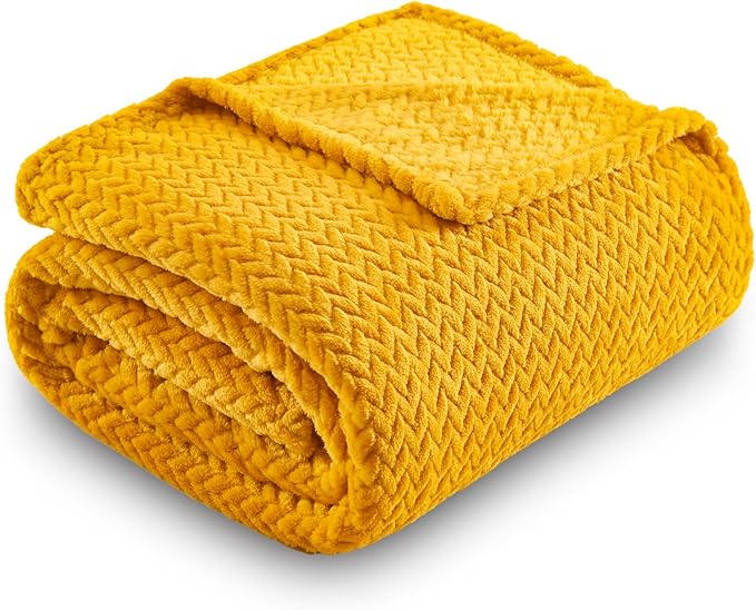 NEWCOSPLAY Super Soft Throw Blanket Mustard Yellow Premium Silky Flannel Fleece Leaves Pattern Lightweight Bed Blanket All Season Use (Mustard Yellow, Throw(50"x60"))