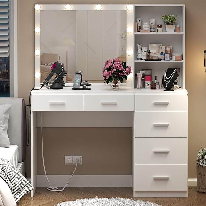 Loomie Vanity Desk with Lighted Mirror & Power Outlet, Makeup Vanity Table with 6 Drawers, 3-Tier Shelf, Vanity Dresser with 10 Lights in 3 Lighting Colors for Bathroom, Bedroom,Makeup Room, White