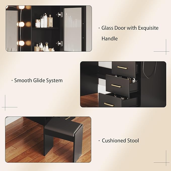 58.3" Black Vanity Desk with Mirror, Lights and Charging Station, 3 Lighting Modes Makeup Desk with 8 Drawers, 2 Cabinets and Lots Storage, Dressing Table Vanity Set for Girls