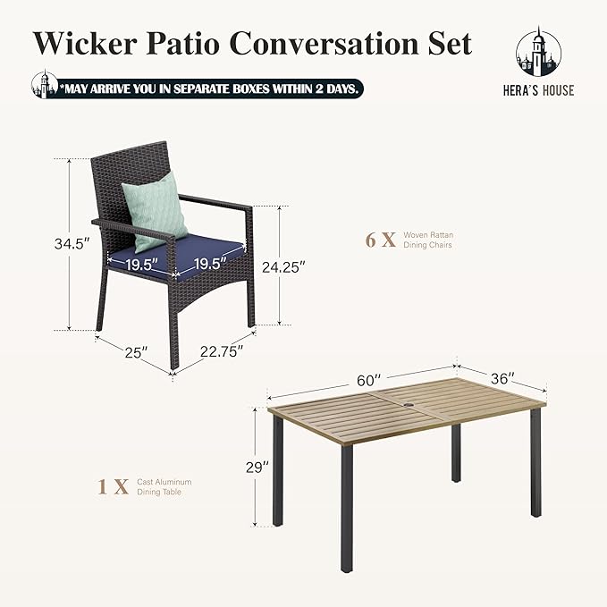 HERA'S HOUSE Patio Table and Chairs Set 7-Piece, Outdoor Dining Furniture Set with Cushions, All-Weather Wood Grain Table with 1.6"-2" Umbrella Hole & Wicker Chairs for Backyard, Garden, Deck
