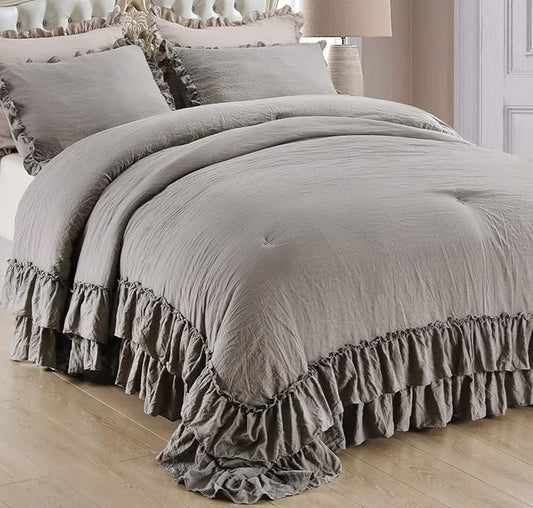 QSH Gray Ruffled Comforter Set King Size（106x92inches）, 3pcs Shabby Farmhouse Boho Chic Bedding Comforter Sets, Ultra Soft Lightweight Microfiber Inner Fill Grey Fluffy Vintage Comforter for Bed