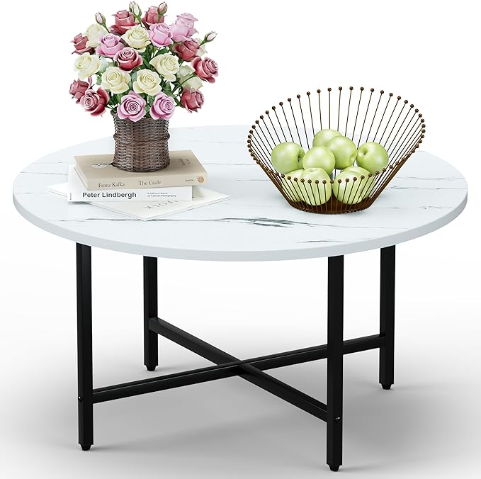 Coffee Table, 23.6" Coffee Tables for Living Room, Round Coffee Table with Metal Frame, Floor Table for Sitting on The Floor, Home, Office, White