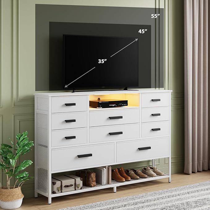 White Dresser for Bedroom, Fabric Chest of Drawers with Charging Station and LED Light, TV Stand Dresser with Shelves for 55" TV, 10 Drawers Dressers with PU Finish for Living Room, Closet