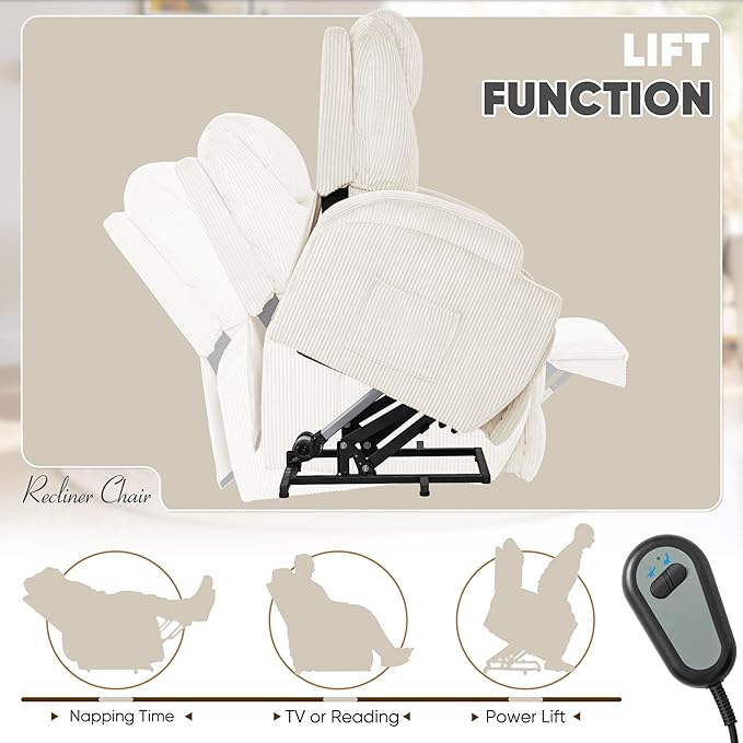 VICTONE Electric Power Lift Recliner Chair for Elderly Reclining Sofa for Living Room with Massage, Side Pockets and Cup Holders (Corduroy, Beige)