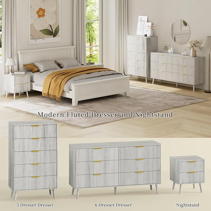 LYNSOM 55" Wide Fluted Dresser for Bedroom with 6 Drawer, Modern Chest of Drawers with Curved Profile Design and Metal Handles, Wood Dresser TV Stand & Storage Organizer for Living Room, White