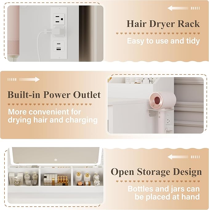 JUMMICO Makeup Vanity Desk with Mirror and Lights, L- Shaped Vanity, Modern Vanity Table with 5 Drawers & Adjustable Shelves, Power Outlet with Fast Charging, for Bedroom (White)