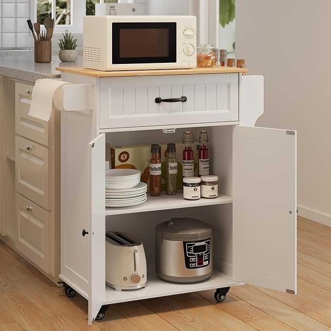 Gizoon Kitchen Island Cart with Adjustable Shelf, 33" W Mobile Trolley Cart on Metal Wheels with Drawer & Storage Cabinet, Spice Rack & Towel Rack, Wooden Countertop, for Dining Room, Bar, White