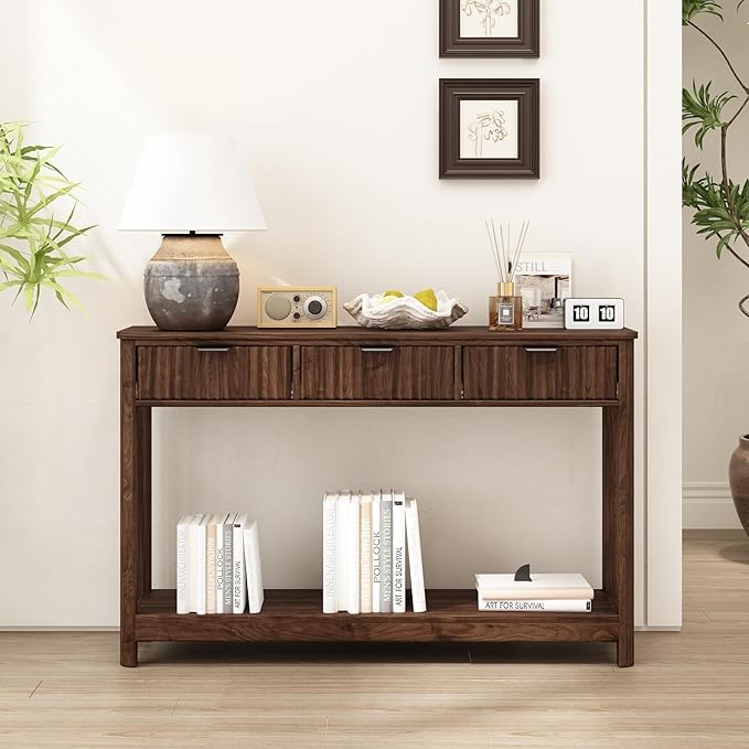 RUSTOWN Fluted Wood Console Table with 3 Drawers, Boho Narrow Behind Couch Entryway Table with Open Storage Shelf, Modern Sofa Table for Living Room, Foyer and Hallway (Dark Walnut)