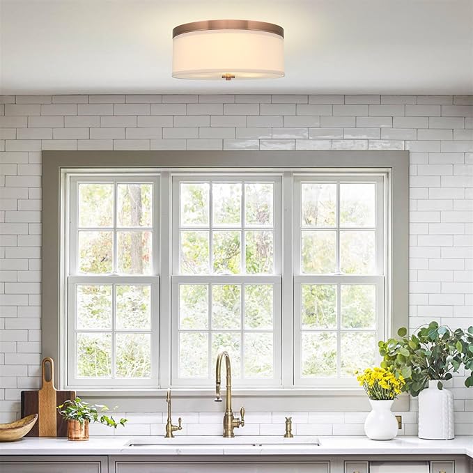 Kira Home Walker 15" Mid-Century Modern 3-Light Flush Mount Ceiling Light, Cream Fabric Shade + Round Glass Diffuser, Copper Bronze Finish