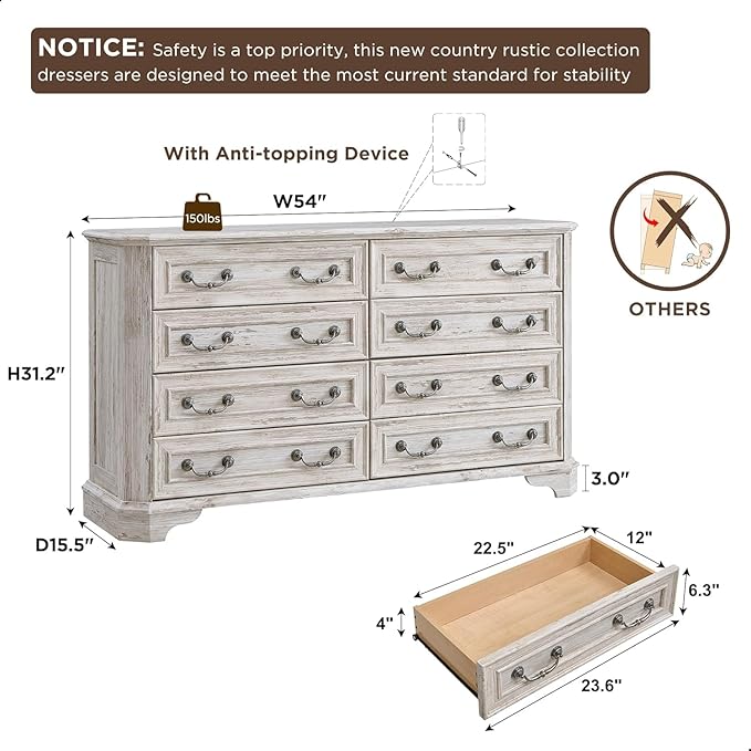 T4TREAM Farmhouse 8 Drawers Dresser for Bedroom, 54" Wide Wood Rustic Chest of Drawers with Natural Texture, Vintage Design, Storage Dressers Organizer for Bedroom, Living Room, Distressed White